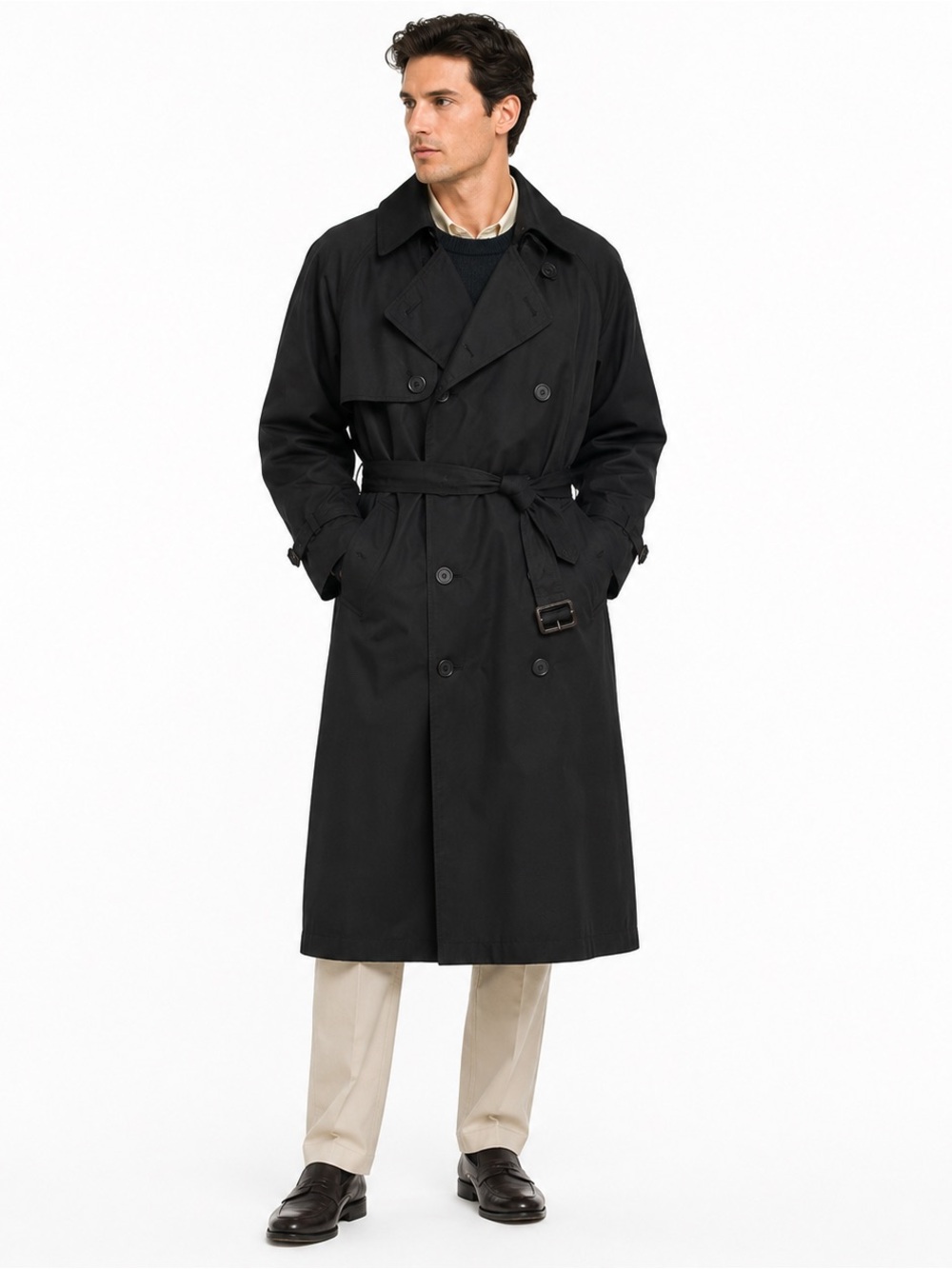 Ralph Lauren Men’s 44R Black Trench Coat Belted Quilted Lined Classic